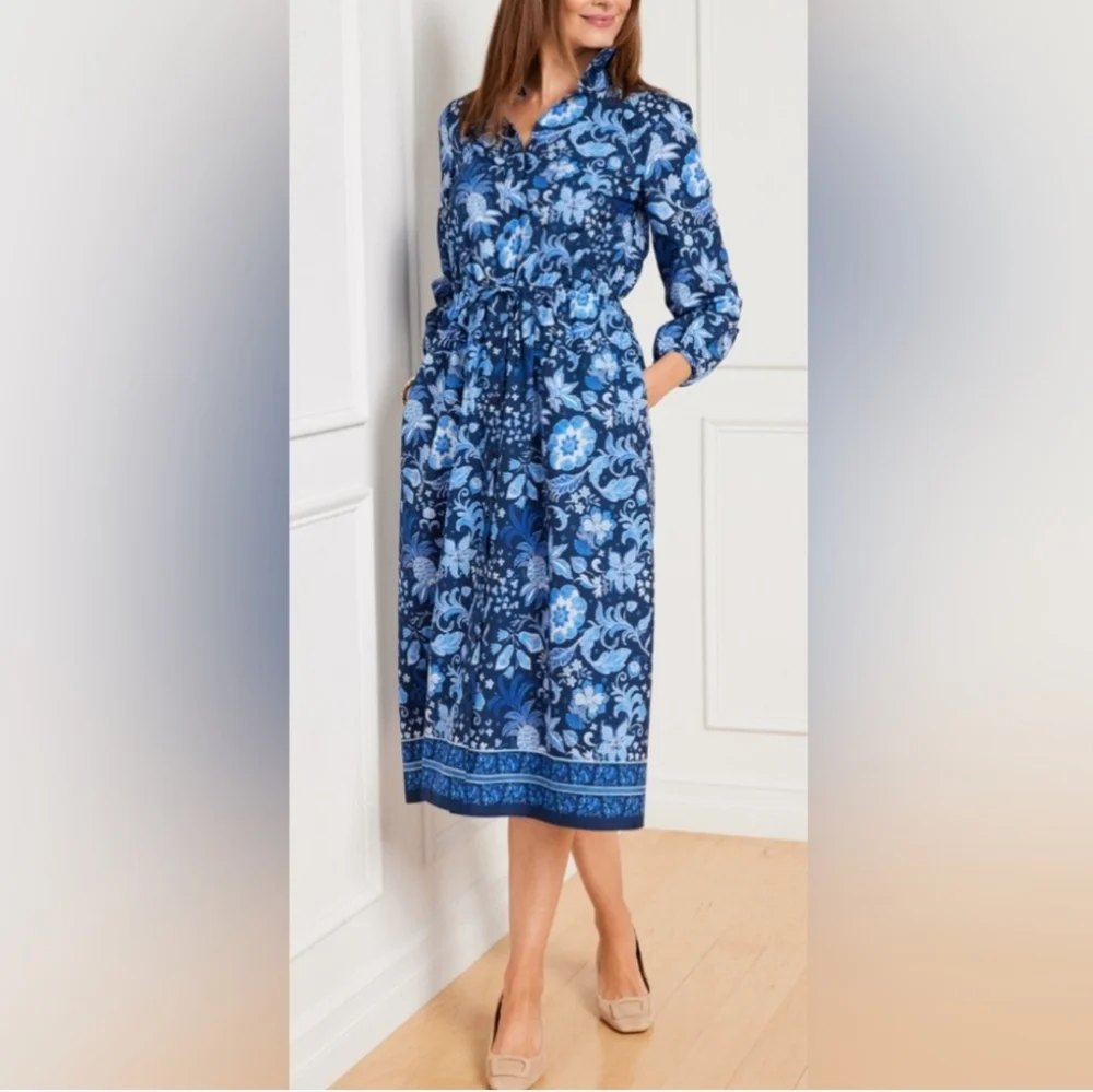 Talbots Blue Button Down Bishop‎ Sleeves Floral Midi Dress Size 4